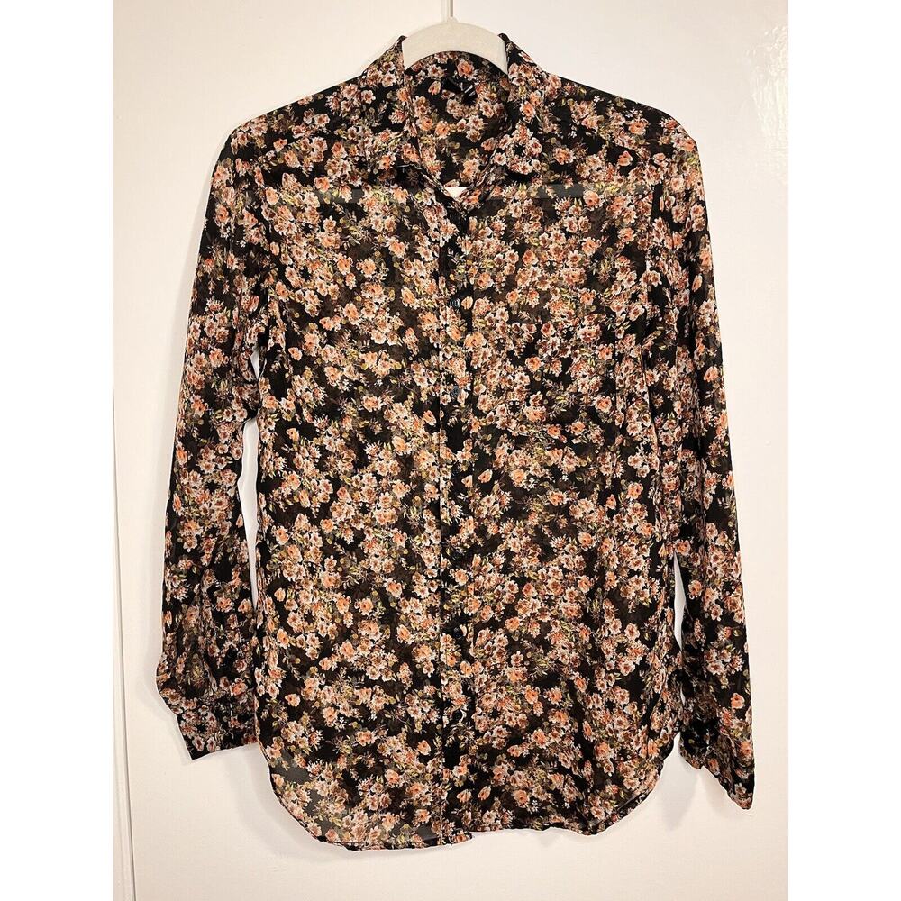 MNG Collection XS Black Floral Sheer Button Up Long Sleeve Top